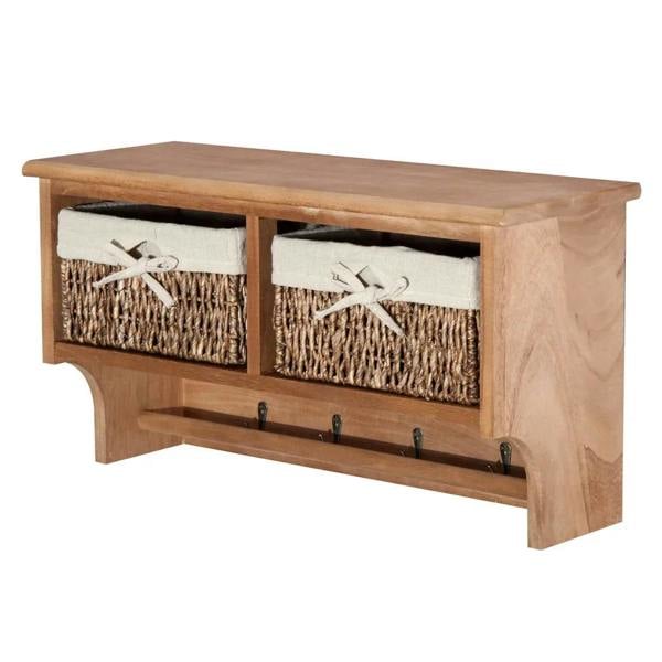Brown wall-mounted coat rack shelf with two woven baskets and four hooks, full view