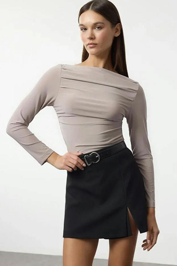 Hoxton Gal Boat Neck Draped Fitted Stretch Knit Blouse