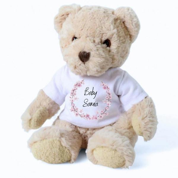 Personalised Luxury Teddy Bear with Pink Blossom T-Shirt