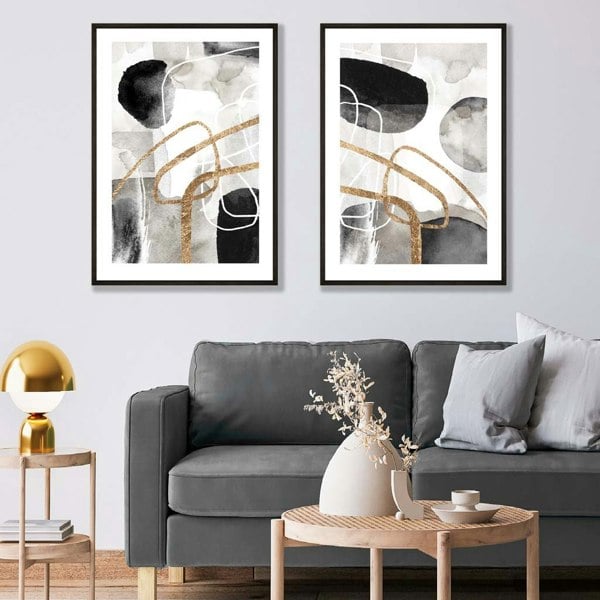 Black and Gold Abstract Shapes Framed Art Prints Set | Artze Wall Art UK
