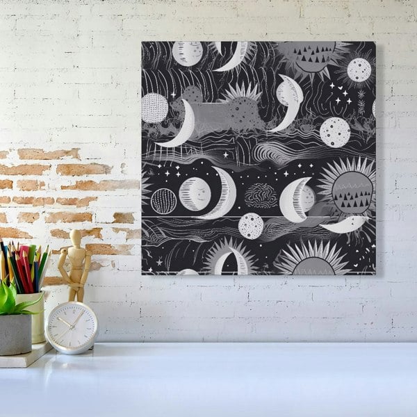 Warren Reed Abstract Black White Moon and Sun Canvas