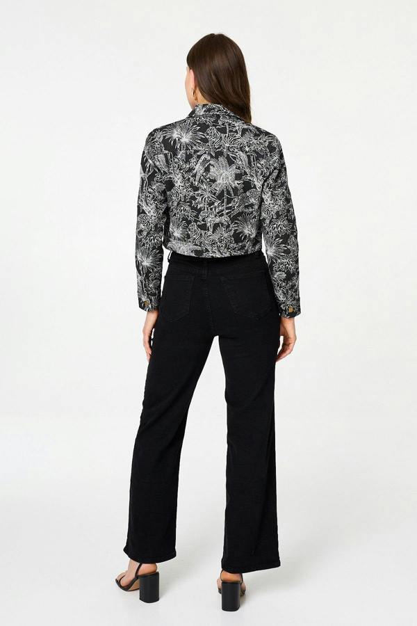 Black | Tropical Print Textured Cropped Jacket