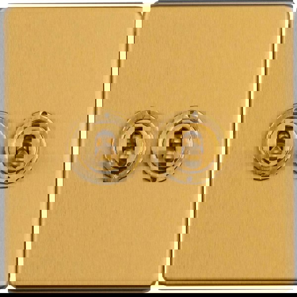 2 Gang Double Retro Toggle Light Switch SCREWLESS SATIN BRASS 10A 2 Way Lever