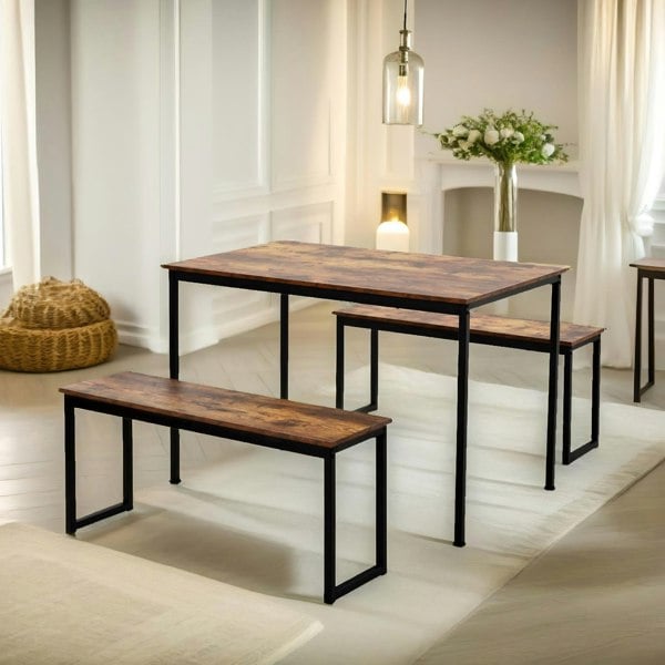 Rafaelo Mobilia Industrial Dining Table Set With 2 Benches Rustic Brown