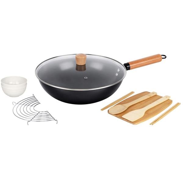 Gr8 Home 10 Pc Carbon Steel Non Stick Wok Pan Gift Set With Lid Utensils Bowls Chopsticks