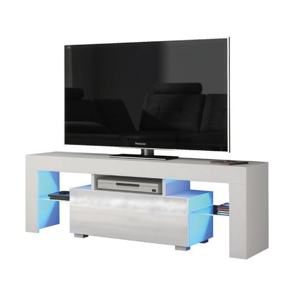 Mex Furniture 130cm TV Unit Cabinet with White High Gloss Doors, Free LED and Storage