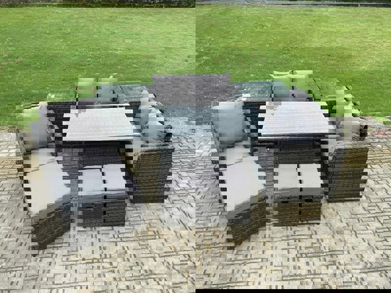 Fimous 8 Seater Rattan Furniture Garden Dining Set Outdoor Height Adjustable Rising lifting Table Love Sofa Chair With 2 Side Tables 3 Footstools