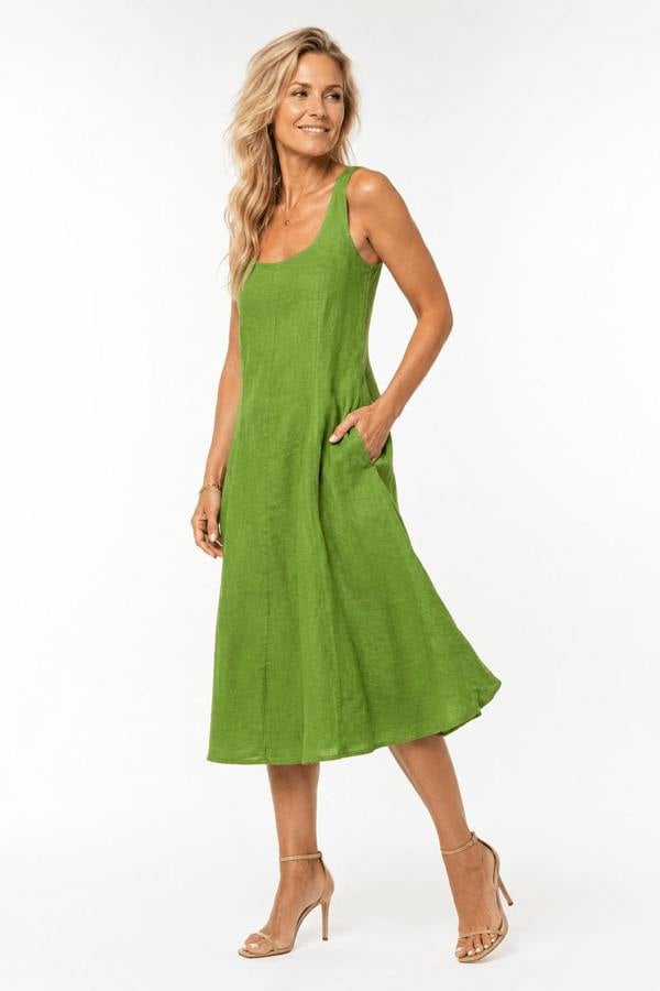 Claudio Lugli Sleeveless Scoop-Neck Linen Midi Dress with Pockets - Green