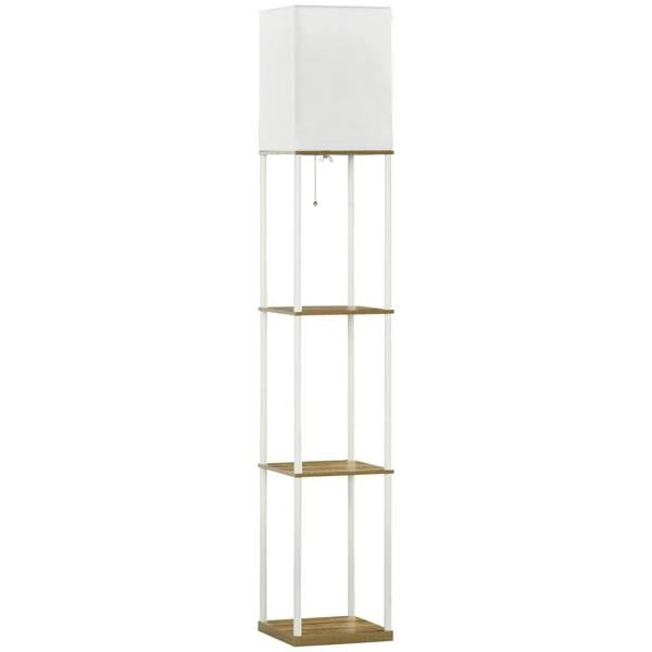 White tall floor lamp with fabric lampshade and three open wood shelves
