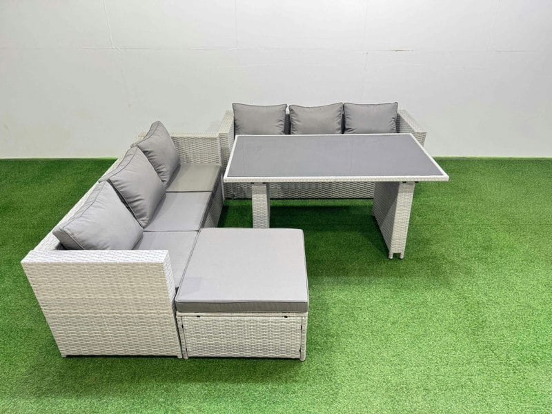 Fimous Rattan Garden Furniture Dining Set 7 seater Patio Rectangular Table Sofa Set with Big Stool Light Grey