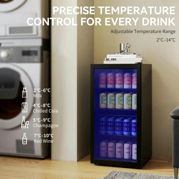 93L Drinks Fridge, 115 Can Freestanding Beer Fridge with Glass Door, Adjustable Shelves, LED Light, for Beer Soda, Black