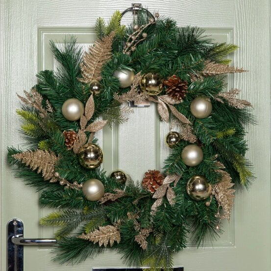 Samuel Alexander 60cm Hanging Christmas Wreath with Gold Baubles, Pinecones & Glitter Berries
