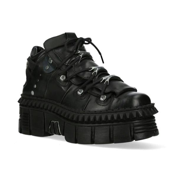 New Rock Black Leather Ankle Goth Boots-WALL106-S13