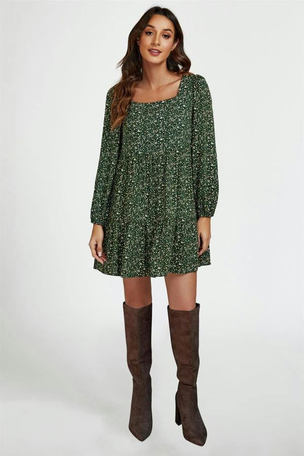 FS Collection Little Floral Print Square Neck Mini Dress In Olive Green