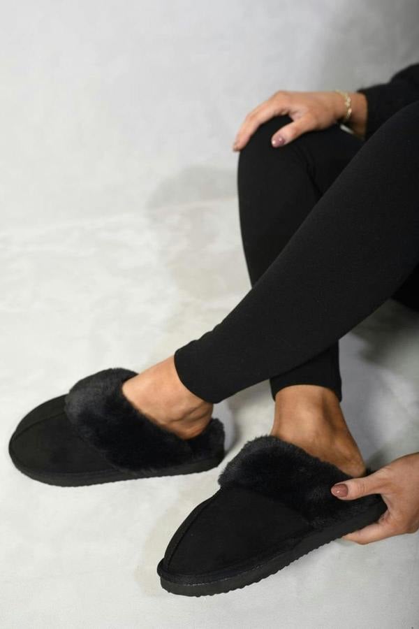 Josie Fuzzy Faux Fur Lined Slip-on Slippers - Black