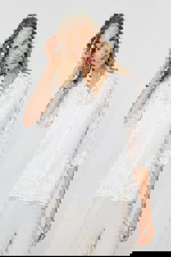 White | Embroidered Trim 3/4 Sleeve Shirt