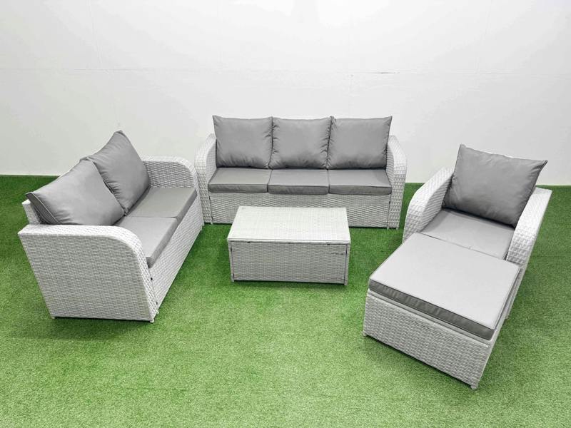 Fimous 7 Seater Rattan Lounge Set, PE Wicker, Coffee Table, Reclining Chair, Loveseat, 3 Seater Sofa and Big Footstool, Light Grey