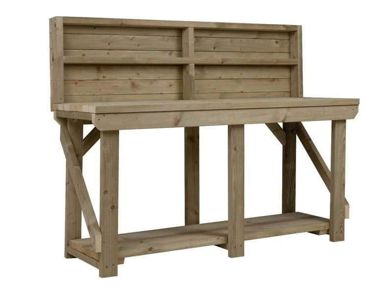 Indoor/Outdoor Pressure-Treated Single Shelf with back panel Workbench, a robust and versatile solution for all your workspace needs. Handcrafted in the UK, this workbench is constructed from high-quality, pressure-treated timber, ensuring durability and resistance to the elements, making it suitable for both indoor and outdoor use.