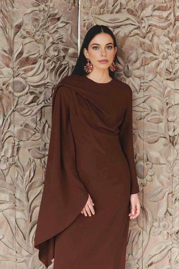 WOVCOR Draped Long Sleeve Maxi Dress with Asymmetric Detail