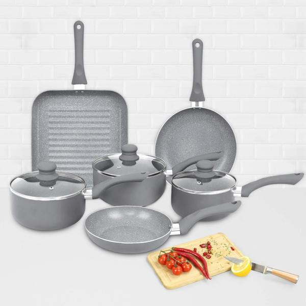 Gr8 Home 9 Piece Aluminium Grey Marble Non Stick Cookware Set Induction Frying Pans Grill Pan Saucepans and Pots