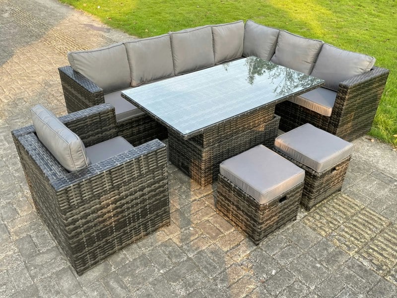 Fimous 9 Seats Dark Mixed Grey Rattan Garden Furniture Corner Sofa Set Adjustable Dining Or Coffee Table Chair Right Corner