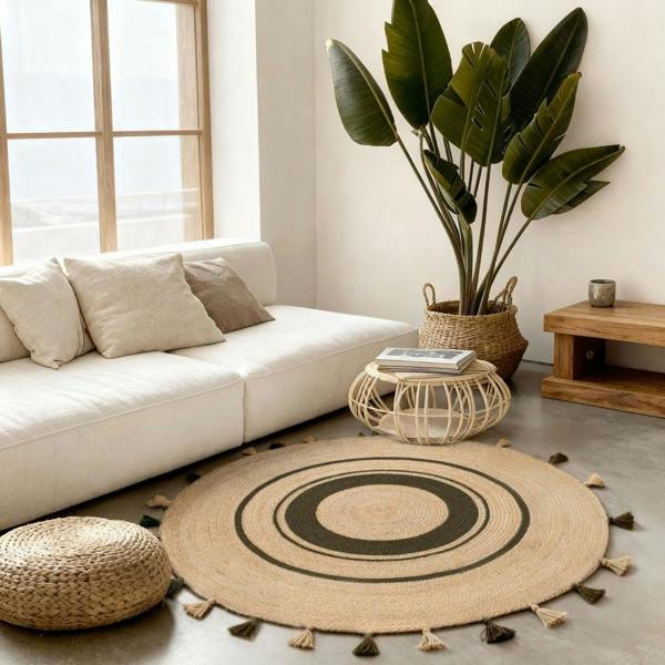 Living room with a white sofa, round jute rug, and potted plant.