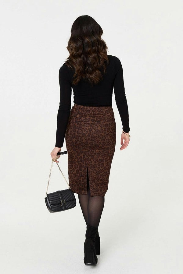 Brown | Animal Print Knee Length Pencil Skirt
