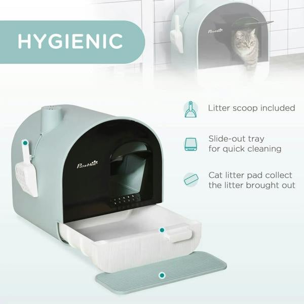 Mint hooded litter box with slide-out tray, included scoop, and cat litter pad
