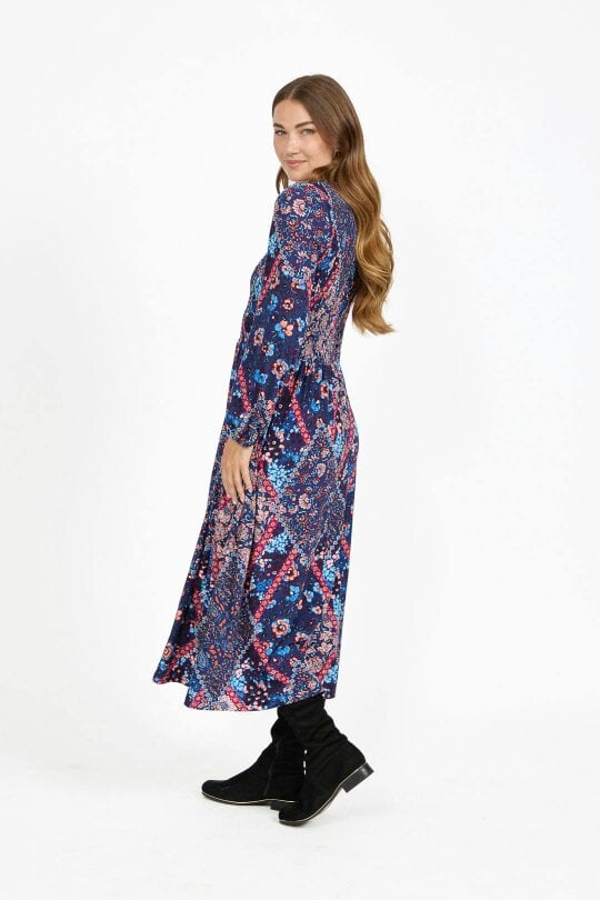 Mudflower Floral Print Shirred Soft Touch Bodice Midi Dress