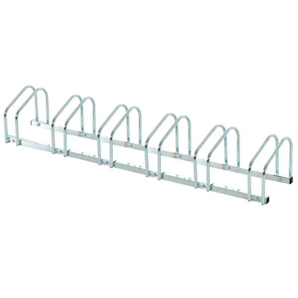 Silver bike parking rack with six U-shaped stands for bicycle storage