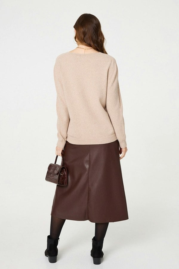 Beige | Metallic Heart Print Scoop Neck Jumper
