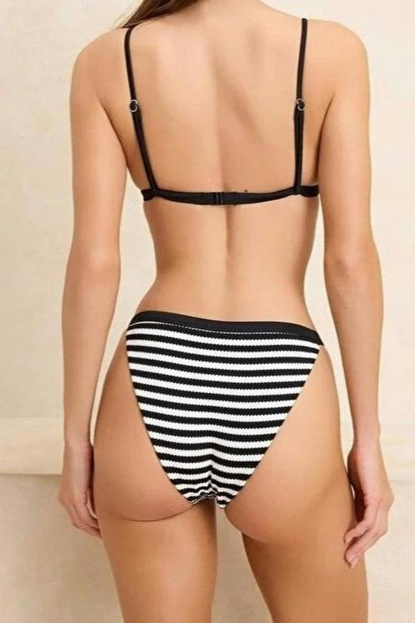 WOVCOR Striped Textured Triangle Padded Regular Waist Bikini Set