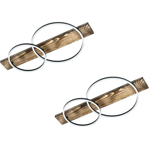 2 PACK Wall Flush Ceiling Light Black & Rustic Wood Shade White Plastic LED Loops