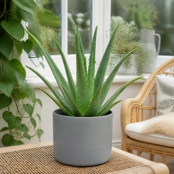 Aloe Vera Plant 12cm Pot for Indoors - Medicinal Houseplant - Matt Grey Ceramic Pot - 1