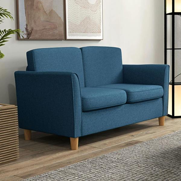 Blue modern loveseat sofa with armrests and two-seat cushions