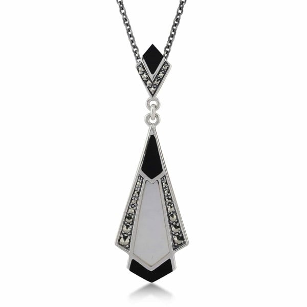 Art Deco Style Cabochon Black Onyx, Mother of Pearl & Marcasite Pendant in 925 Sterling Silver - Gemondo