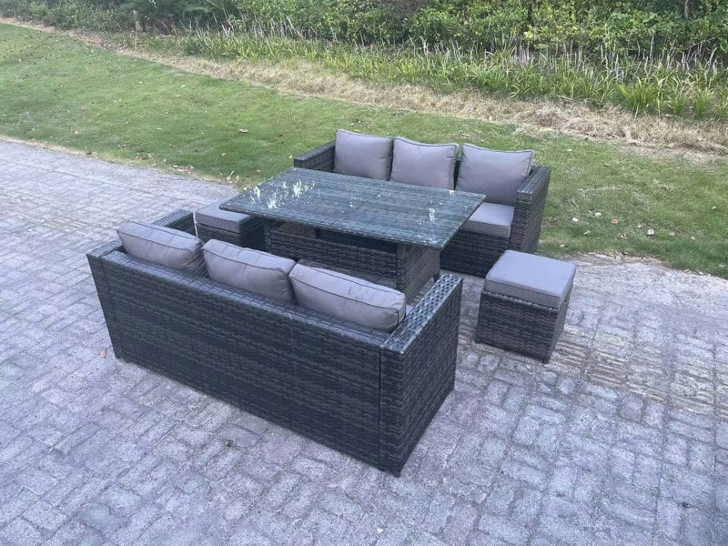 Fimous PE Wicker Outdoor Garden Furniture Set Patio Rattan Rectangular Dining Table Lounge Sofa with 2 Small Footstool 8 Seater Dark Grey Mixed