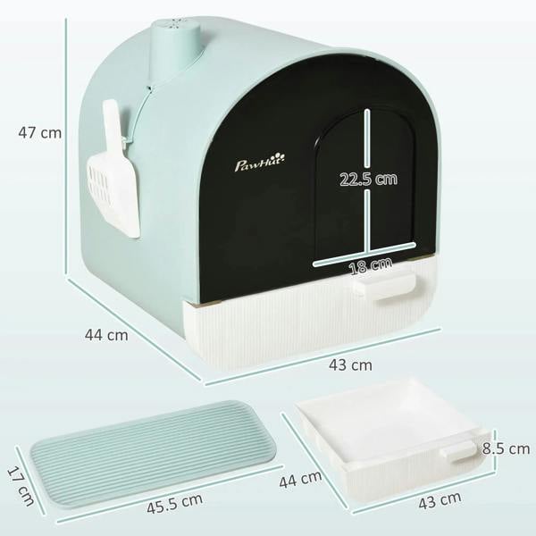 Mint green hooded cat litter box with black entrance and white base; dimension view
