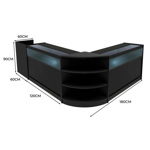 Sagittarius LED Shop Counter Set in sleek black, featuring curved design, glass display tops, and ample shelving for storage