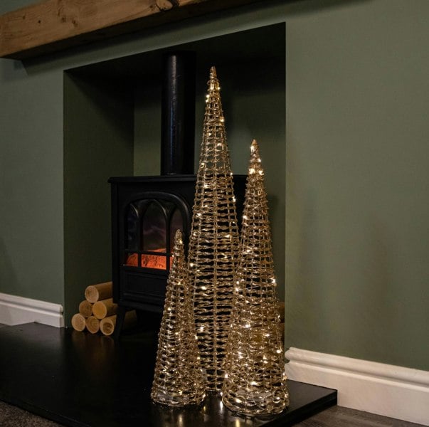 Samuel Alexander Set of 3 Gold Glitter Twist Christmas Cone Trees with 90 Warm White LEDs