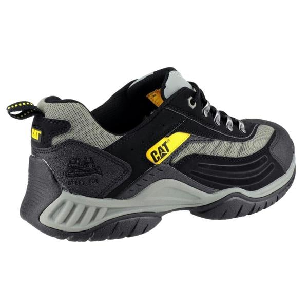 Caterpillar Moor Mens/Womens Safety Steel Toe SB Work Trainers Shoes, durable black and gray athletic work shoes with steel toe cap and cushioned sole.