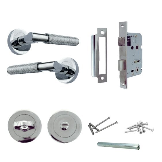 EDH Door Hardware Polished Chrome Knurled Door Handles on Round Rose – Handle Sets - Bathroom Pack