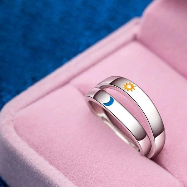 The Colourful Aura Adjustable Silver Couple Moon and Sun Matching Promise Ring set