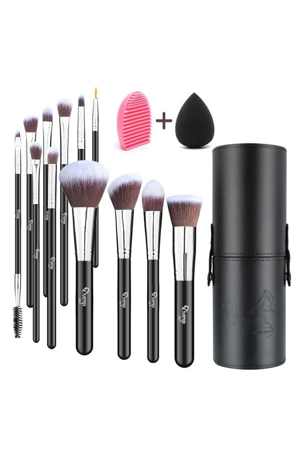 Living and Home 12 Pcs Silver Makeup Brush Set with Makeup Sponge and Brush Egg Gift Set