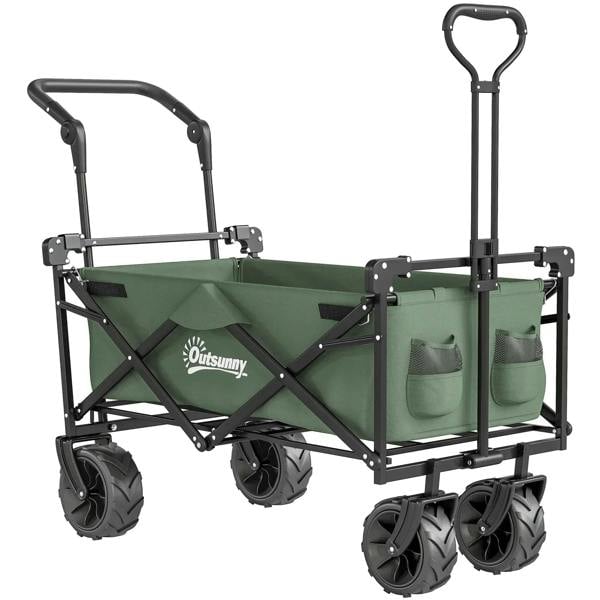 Green folding wagon cart with canopy, side pockets, and four large all-terrain wheels