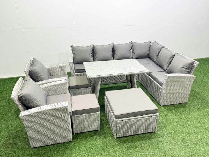 Fimous 11 Seater Garden Outdoor Rattan Furniture Set Rattan Corner Sofa Oblong Dining Table with 2 Armchairs 3 Footstools Light Grey Mixed