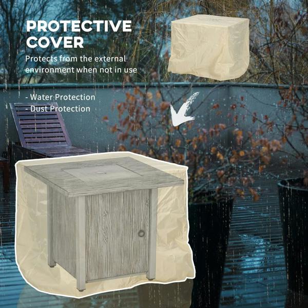 Grey gas fire pit table with protective cover fitted over the tabletop