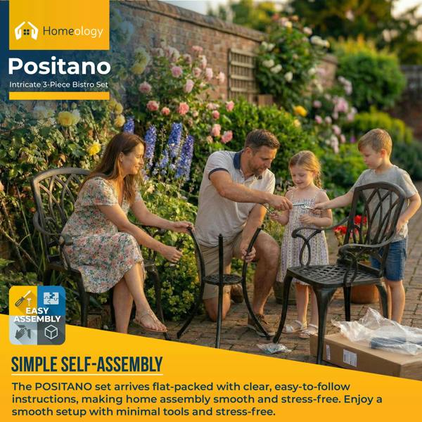 Homeology POSITANO Garden and Patio Table and 2 Large Chairs with Armrests Cast Aluminium Bistro Set - Black