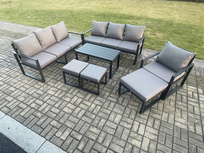Fimous Aluminium 7 Pieces Garden Furniture Set with Cushions 10 Seater Outdoor Patio Lounge Sofa Set with Armchair 3 Footstools Dark Grey