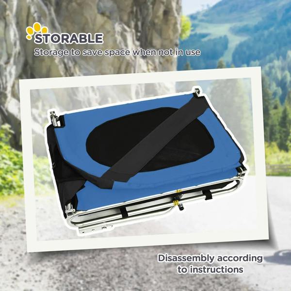 Blue pet bike trailer shown folded for storage with straps and base frame